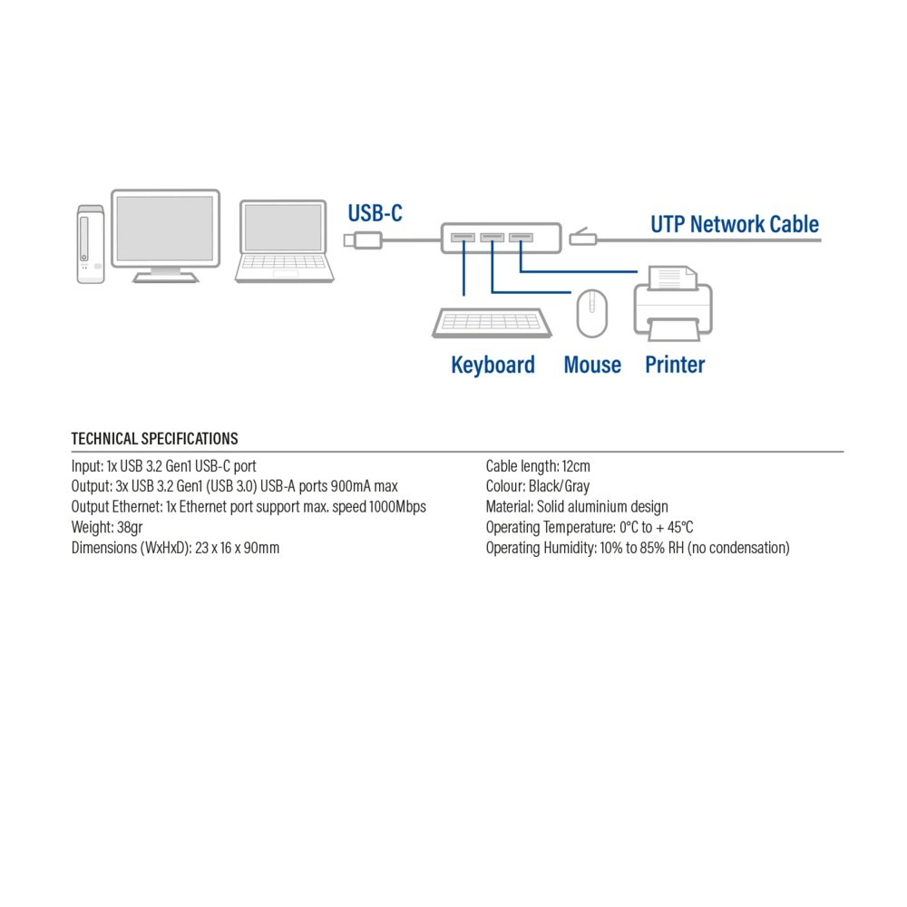 ACT AC7055 3-Poorts USB-C 3.2 (USB 3.0) Hub met Gigabit ethernet poort – 6