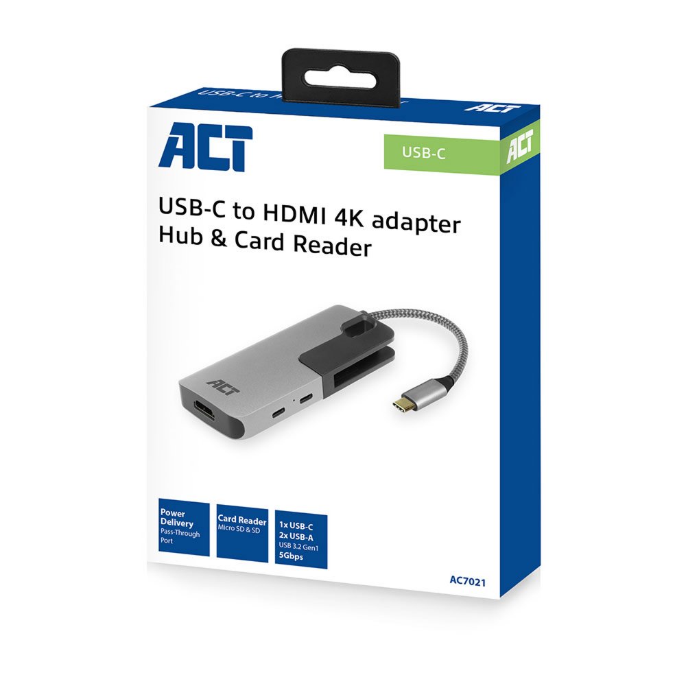 ACT AC7021 USB-C naar HDMI female adapter met PD Pass-Through, 4K, USB-A , USB-C port, kaartlezer – 4