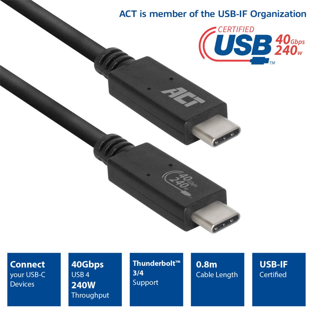ACT AC7451 USB-kabel 0,8 m USB4 Gen 3×2 USB C Zwart – 4